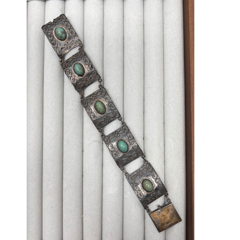 Vintage Sterling Silver Filigree Turquoise Panel Link Bracelet 7.25in Box‎ Clasp